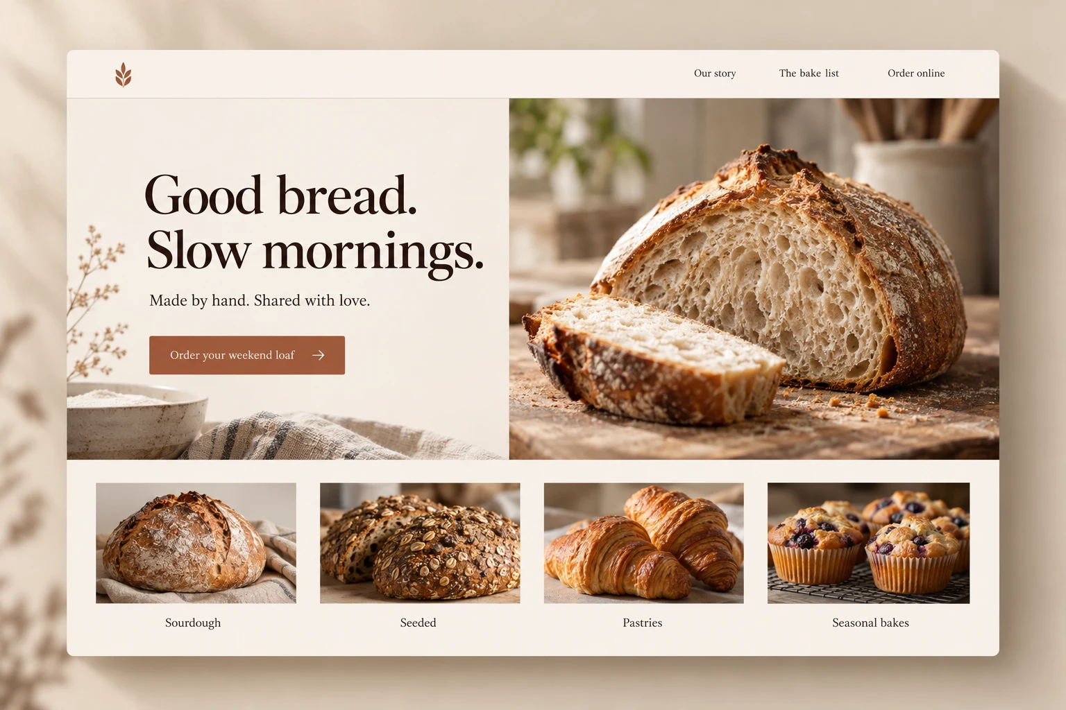 Anonymous artisan bakery website concept with warm editorial typography, sourdough photography, and an online ordering interface