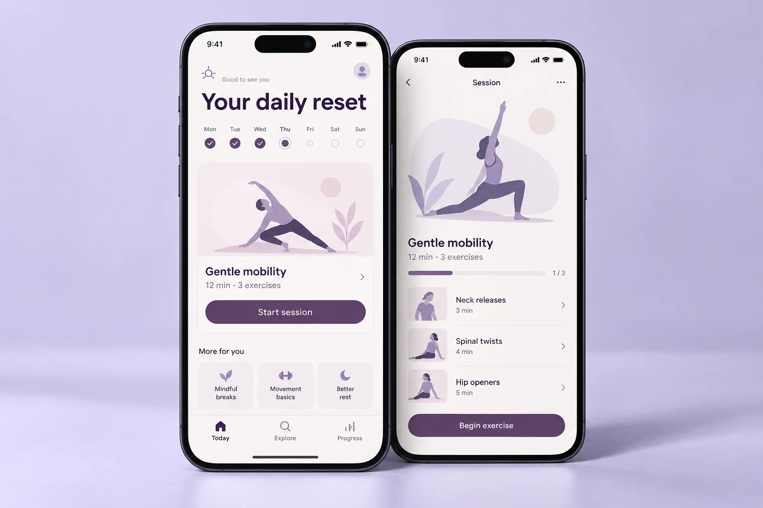 Anonymous wellness app concept shown on two phones, with lavender exercise plans and a guided mobility session